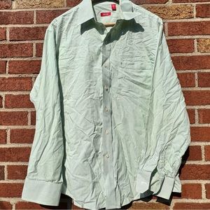 Izod Mens Button Up Long Sleeve Collared Cotton Green Striped Shirt Size Large